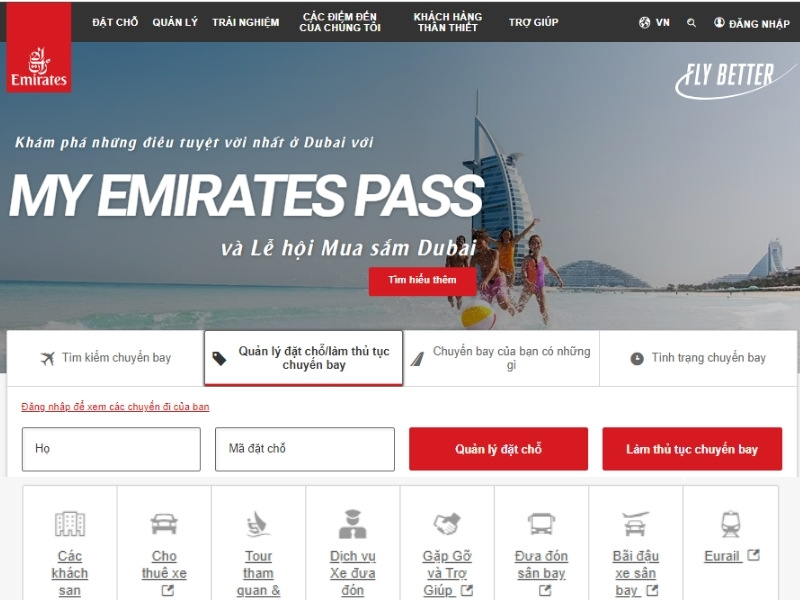 Truy cập Website của hãng hàng không Emirates làm theo các bước